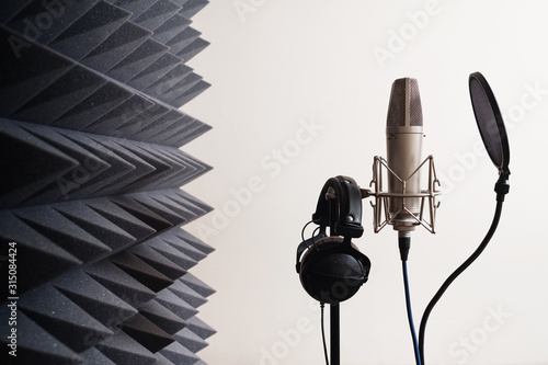 Photos Recording studio equipment: microphone, acoustic foam, headphones