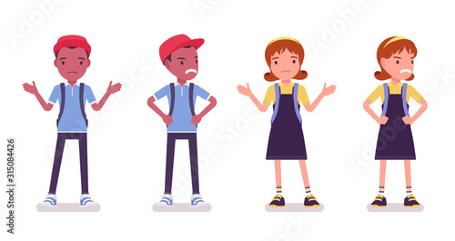 School boy and girl in a casual wear perplexed, angry. Cute small children with rucksack, active young kids, smart elementary pupils aged between 7, 9 years old. Vector flat style cartoon illustration
