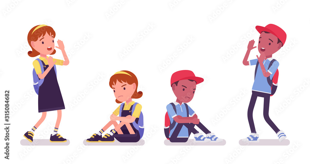 School boy and girl in casual wear scared and sad. Cute small children with  rucksack, active