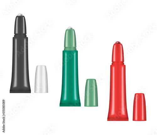 Eye roller tube isolated on white background, template. Rollerball cosmetic bottle with cap, vector mockup. Color set. Easy to recolor