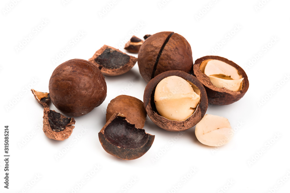 Raw not peeled whole macadamia nuts with shelled kernels isolated on white. Macro view. Healthy food. Protein source.