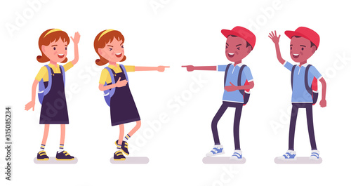 School boy and girl in a casual wear laughing, waving. Cute small children with rucksack, active young kids, smart elementary pupils aged between 7, 9 years old. Vector flat style cartoon illustration