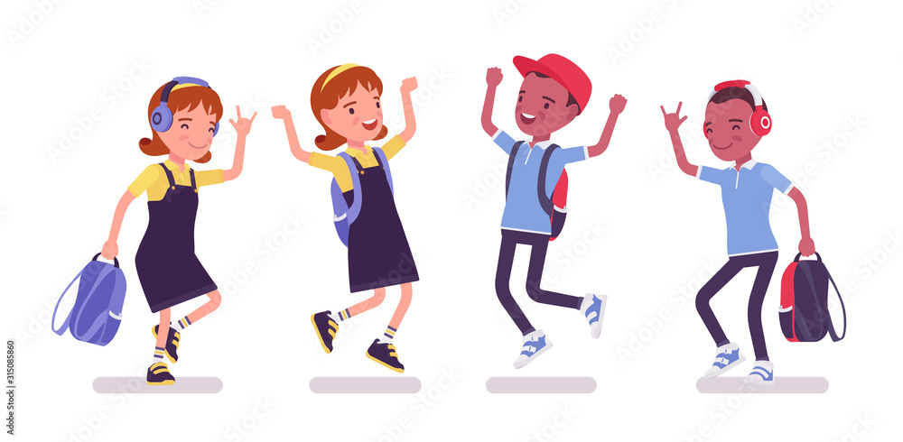School boy, girl in a casual wear jumping, dancing. Cute small children with rucksack, active young kids, smart elementary pupils aged between 7 and 9 years old. Vector flat style cartoon illustration