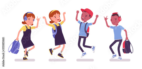 School boy, girl in a casual wear jumping, dancing. Cute small children with rucksack, active young kids, smart elementary pupils aged between 7 and 9 years old. Vector flat style cartoon illustration