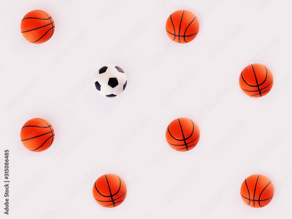 Soccer ball and basketballs on a gray background. Layout, geometric seamless pattern. The concept of sports business.