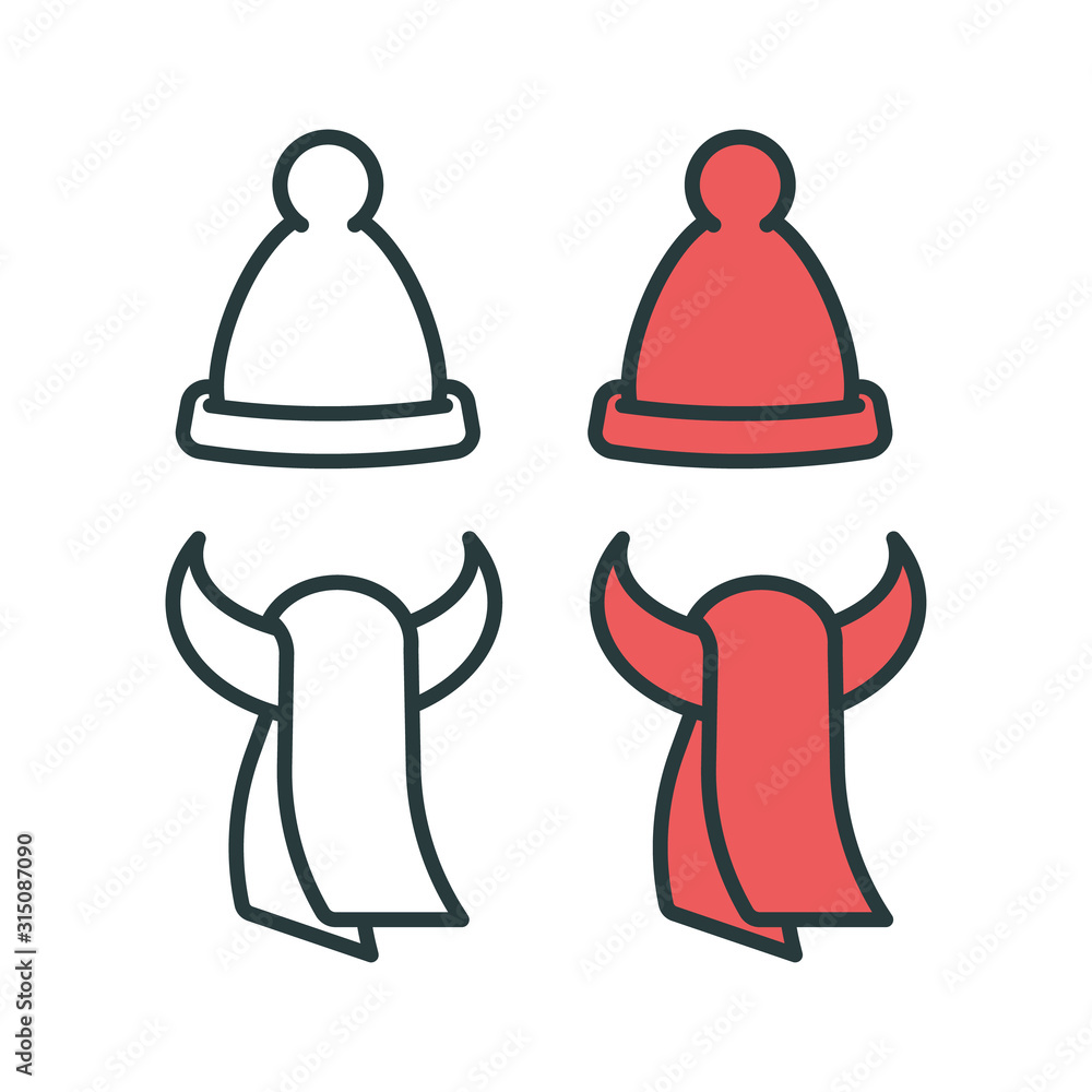 Warm winter red hat and scarf. Set of icons on a white background. Warm winter red hat and scarf. Set of icons on a white background.