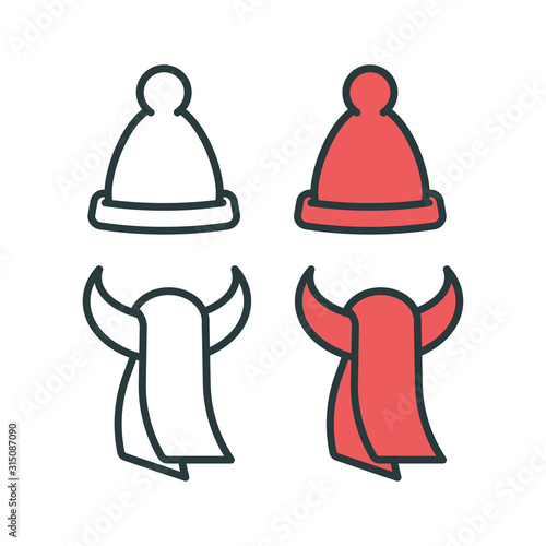 Warm winter red hat and scarf. Set of icons on a white background.