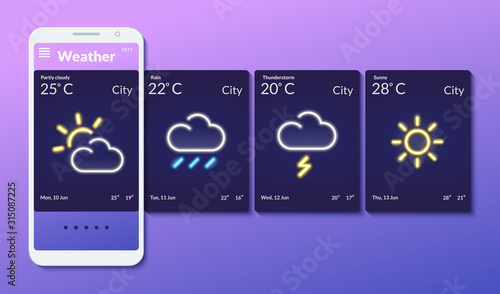 The interface design of a mobile application with a neon glow for smartphones. Weather forecast.