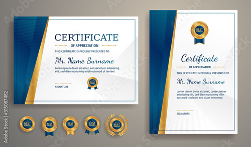 Blue and gold certificate of achievement template with gold badge and border