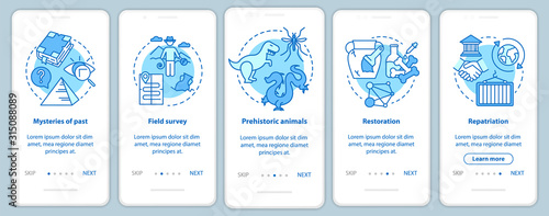 Archeology onboarding mobile app page screen vector template. Mysteries of past researching. Walkthrough website steps with linear illustrations. UX, UI, GUI smartphone interface concept