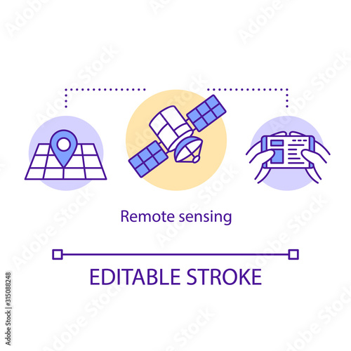 Remote sensing concept icon. Use of satellite imagery. Orbital observation. Orienteering with GPS technology idea thin line illustration. Vector isolated outline drawing. Editable stroke