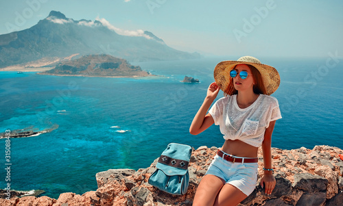 Tourism, travel, vacation on the rocky sea.