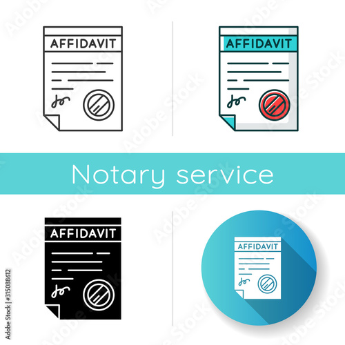 Confirmed affidavit icon. Signed notarized document. Apostille and legalization. Written statement. Declaration. Notary services. Linear black and RGB color styles. Isolated vector illustrations