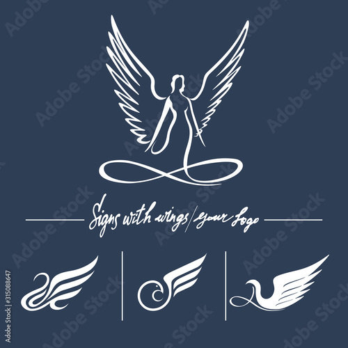 Set of logos with lines, wings, stylized birds on a gray background. Feminine angel, bird logo, line, wing, Swan, letter A. White hand lettering on a gray background