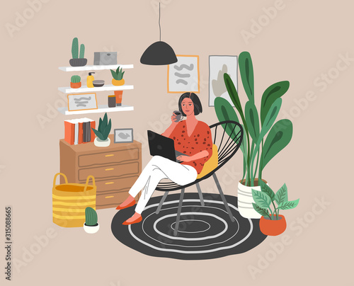 Plakat Cute woman sitting on chair with laptop in cozy scandinavian home interior. Girl working at home in home office. Daily life of freelance worker, everyday routine. Cartoon vector