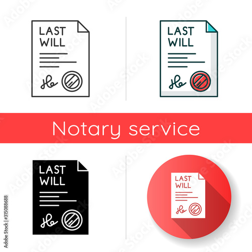 Signed last will icon. Document with stamp. Notarized testament. Apostille and legalization. Legal paper. Notary services. Linear black and RGB color styles. Isolated vector illustrations