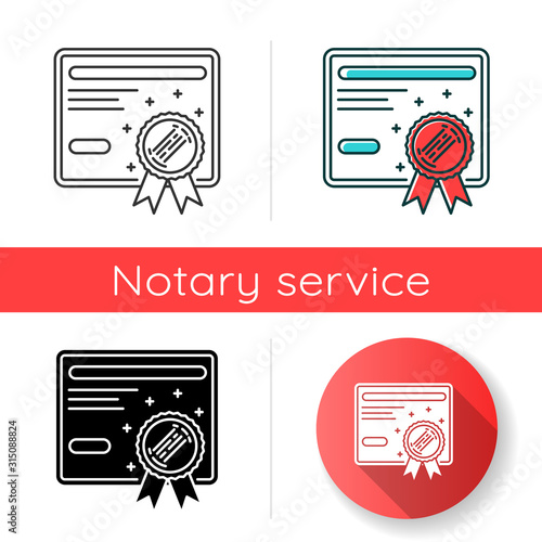Certificate icon. Diploma. Graduation confirmation. Academic document. Degree. Education. Achivement. Legal paper. Notary services. Linear black and RGB color styles. Isolated vector illustrations
