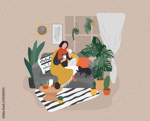 Girl caught a cold flu or virus on couch with cat and tea. Young woman is sick and cough at home scandinavian style cozy interior with homeplants. Cartoon vector