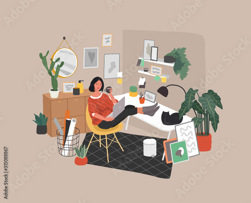 Freelancer designer girl working in nordic style home office with cat. Daily life and everyday routine scene by young woman in scandinavian style cozy interior with homeplants. Cartoon vector