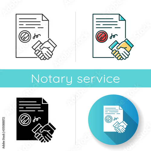 Conclusion of contract icon. Legal document. Apostille and legalization. Legal agreement. Business deal. Partnership. Notary services. Linear black and RGB color styles. Isolated vector illustrations