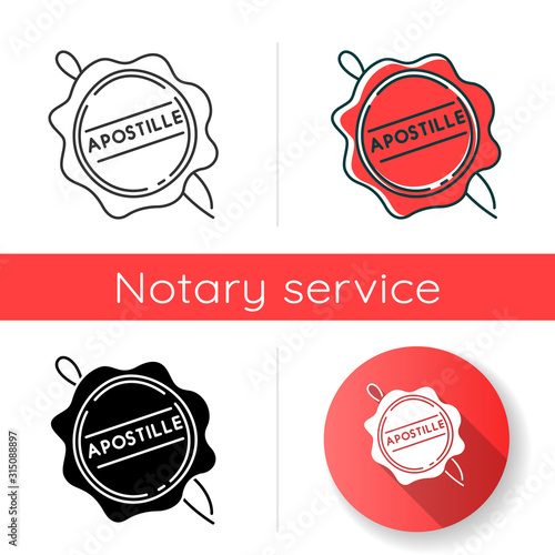 Apostille wax seal icon. Notary services stamp mark. Legalization. Notarization. Notarized document. Authentification. Validation. Linear black and RGB color styles. Isolated vector illustrations