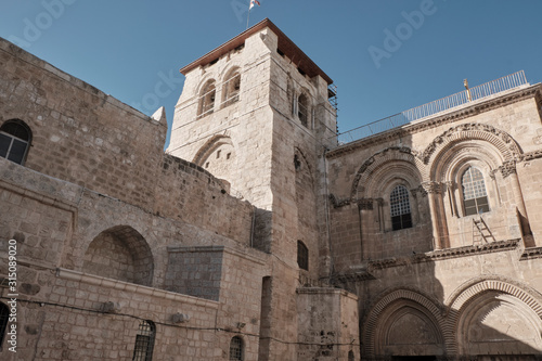 Facade of the Church of the Holy Sepulcher - Stone of Unction in Jerusalem, Israel.