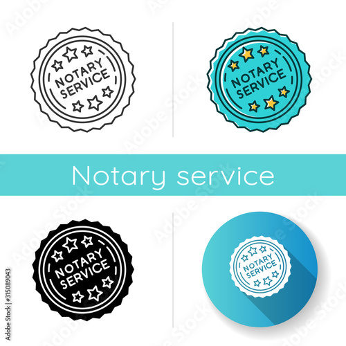 Notary services stamp mark icon. Apostille and legalization. Notarization. Notarized document. Authentification. Validation. Linear black and RGB color styles. Isolated vector illustrations