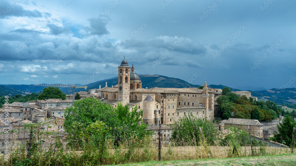 Panoramic view of the old medieval city of Urbino, in the Marche Region (Italy).