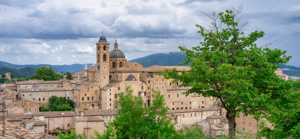 Panoramic view of the old medieval city of Urbino, in the Marche Region (Italy).