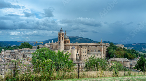 Panoramic view of the old medieval city of Urbino  in the Marche Region  Italy .