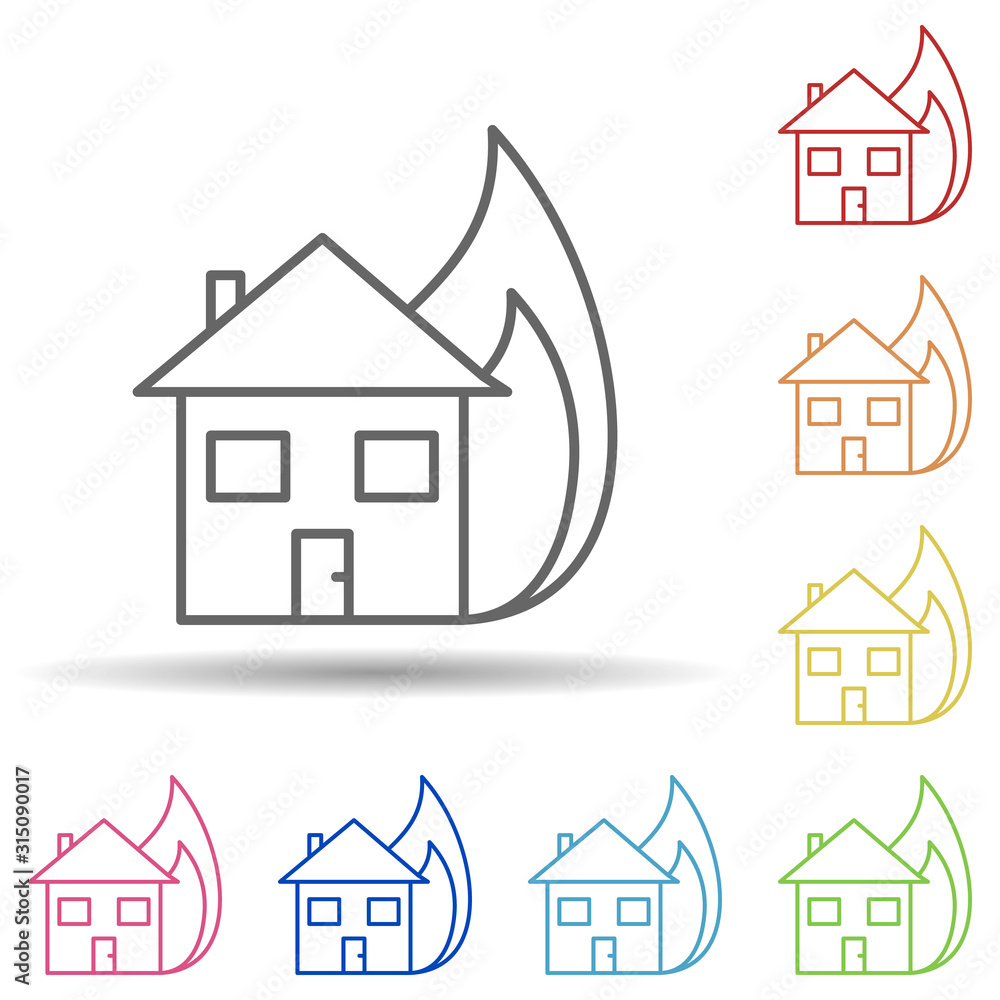 Burning house, firefighter in multi color style icon. Simple thin line, outline vector of firefighter icons for ui and ux, website or mobile application
