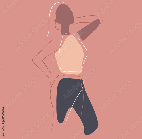 Feminine concept design template and illustration. Woman in minimal linear style Fashion illustration by femininity, beauty and modern art. Abstract poster and t-shirt print Vector illustration