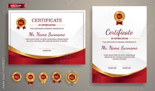 Red and gold certificate of achievement template with gold badge and border