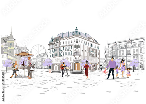 Series of colorful retro street views with fashion people in the old city. Hand drawn vector architectural background with historic buildings. Street musicians.