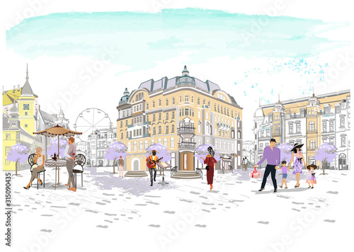 Series of colorful retro street views with fashion people in the old city. Hand drawn vector architectural background with historic buildings. Street musicians.