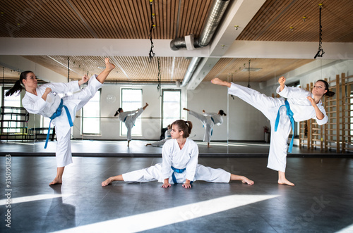 Group of young women practising karate indoors in gym.