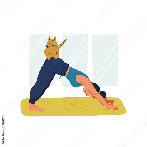 Girl practises downward-facing dog asana at home and her cat sits on her at the moment on her back. Fun and trendy hand drawn style vector colorful illustration on isolated background.