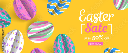 happy easter sale web banner design with paper cut decorative eggs on yellow background