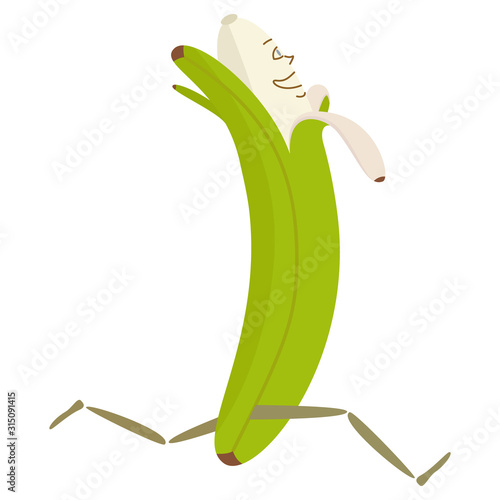 Green banana is running fun. Cartoon character on a white background. Isolated vector illustration in a flat style.