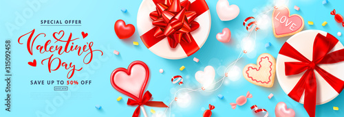 Valentine's day sale poster. Holiday background with gift boxes, cookies, lollipop, serpentine, sweets, hearts and a garland. Vector illustration for banner, brochures, booklets, promotional materials