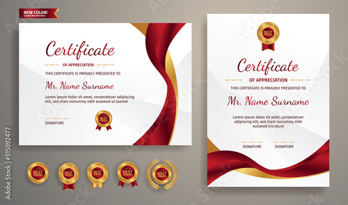 Red and gold certificate of appreciation template with gold badge and border