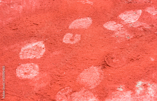 Impronte di scarpe da lavoro su polvere rossa photo