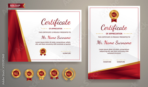 Red and gold certificate of appreciation template with gold badge and border