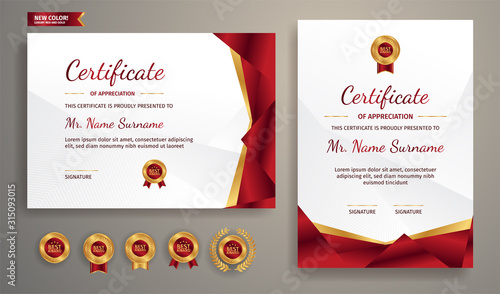 Red and gold certificate of appreciation template with gold badge and border