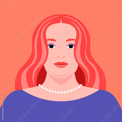Portrait of a red-haired woman. Avatar for a social network. Curvy girl. Vector flat illustration