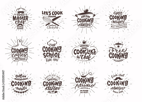 Let's cook. Set of vintage retro handmade badges, labels and logo elements, symbols, phrases, slogans for cooking school, cooking studio