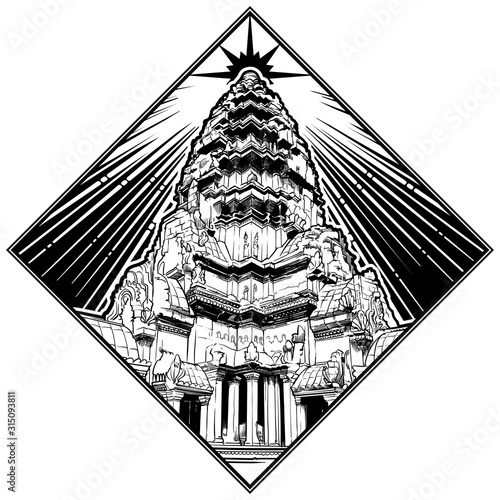 Centerpiece of the Angkor Wat temple complex in Cambodia representing the sacred Mount Meru of the Hindu religion. Rhombus shape black and white logo isolated on white background. EPS10 vector photo