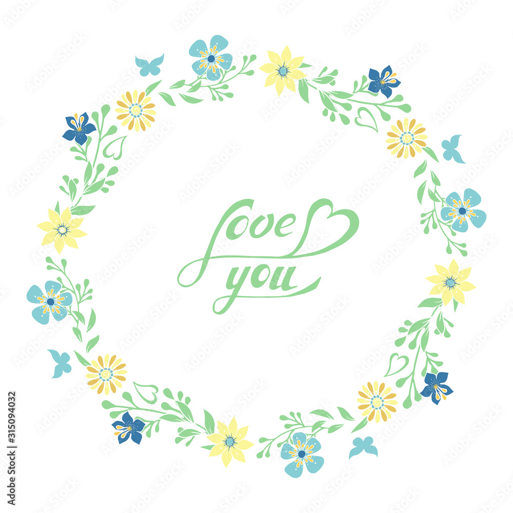 Beautiful doodle wreath of flowers and leaves.Botanical doodling.Hand drawing style. Isolated object on a white background. Lettering.Love you.