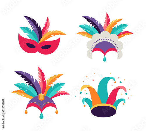 Carnival, party, Purim background. Masks, clown hat, dancer headdress