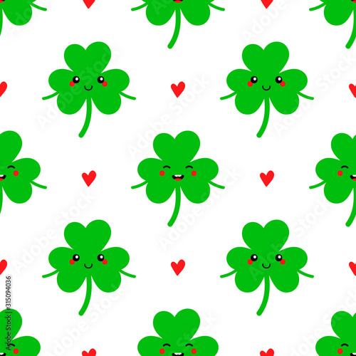 Seamless pattern background for St. Patrick's Day design with cute cartoon shamrock, clover leaves characters and hearts.